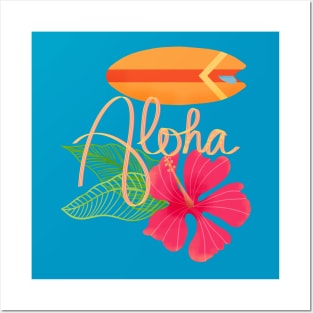 Aloha Tropical Hand Lettering with Surfboard and Hibiscus Posters and Art